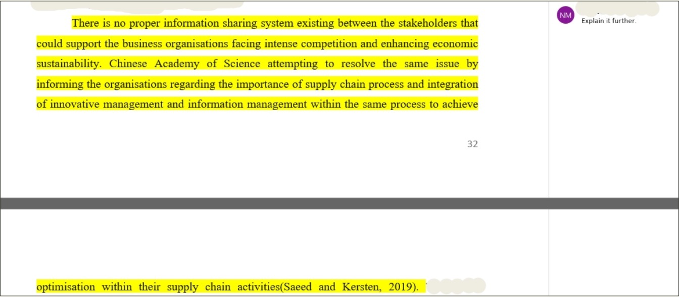 A draft paragraph highlighted in yellow with an advisor's margin comment reading 'Explain it further'