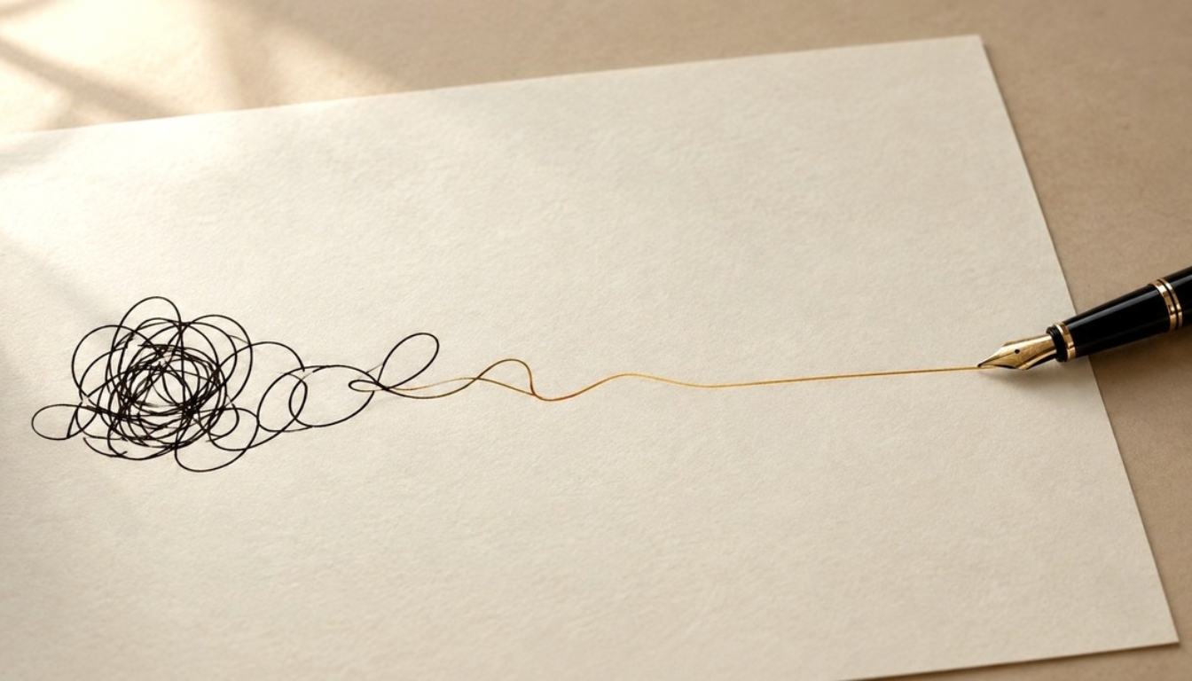 A fountain pen drawing a tangled black scribble that straightens into a single gold line across cream paper