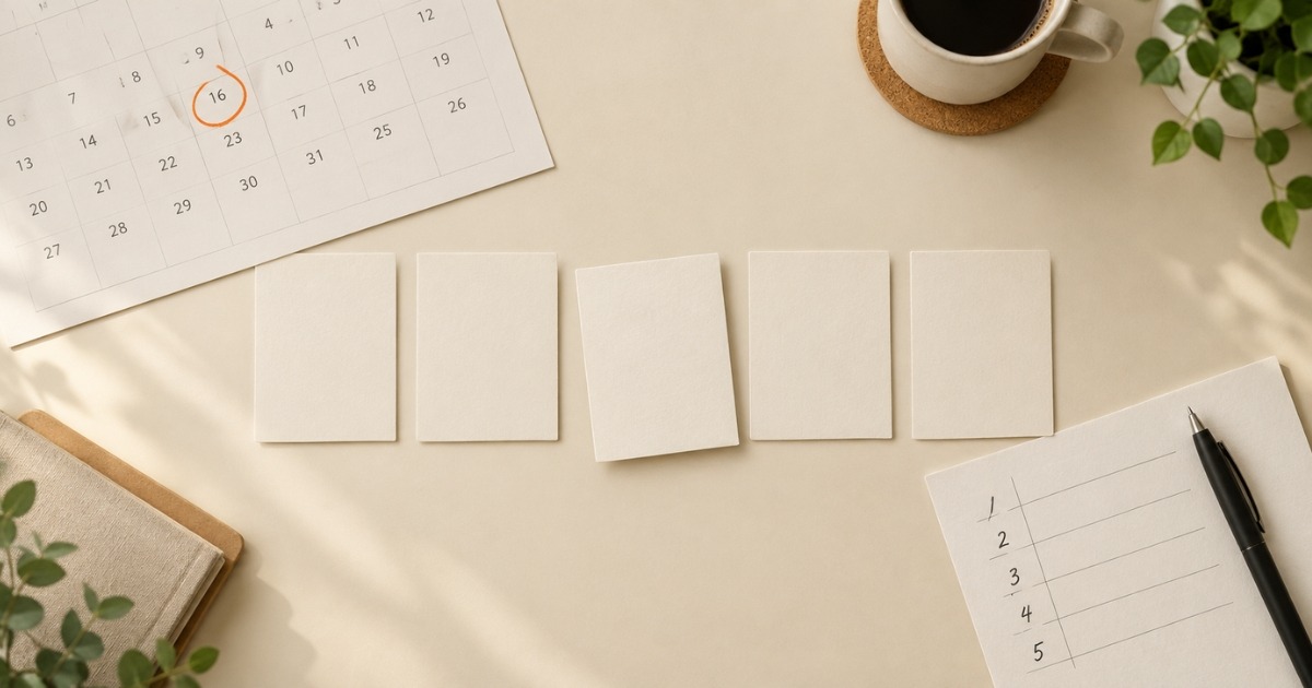 Calendar with a circled date, five blank name cards, and a scoring sheet, showing how to choose a dissertation committee