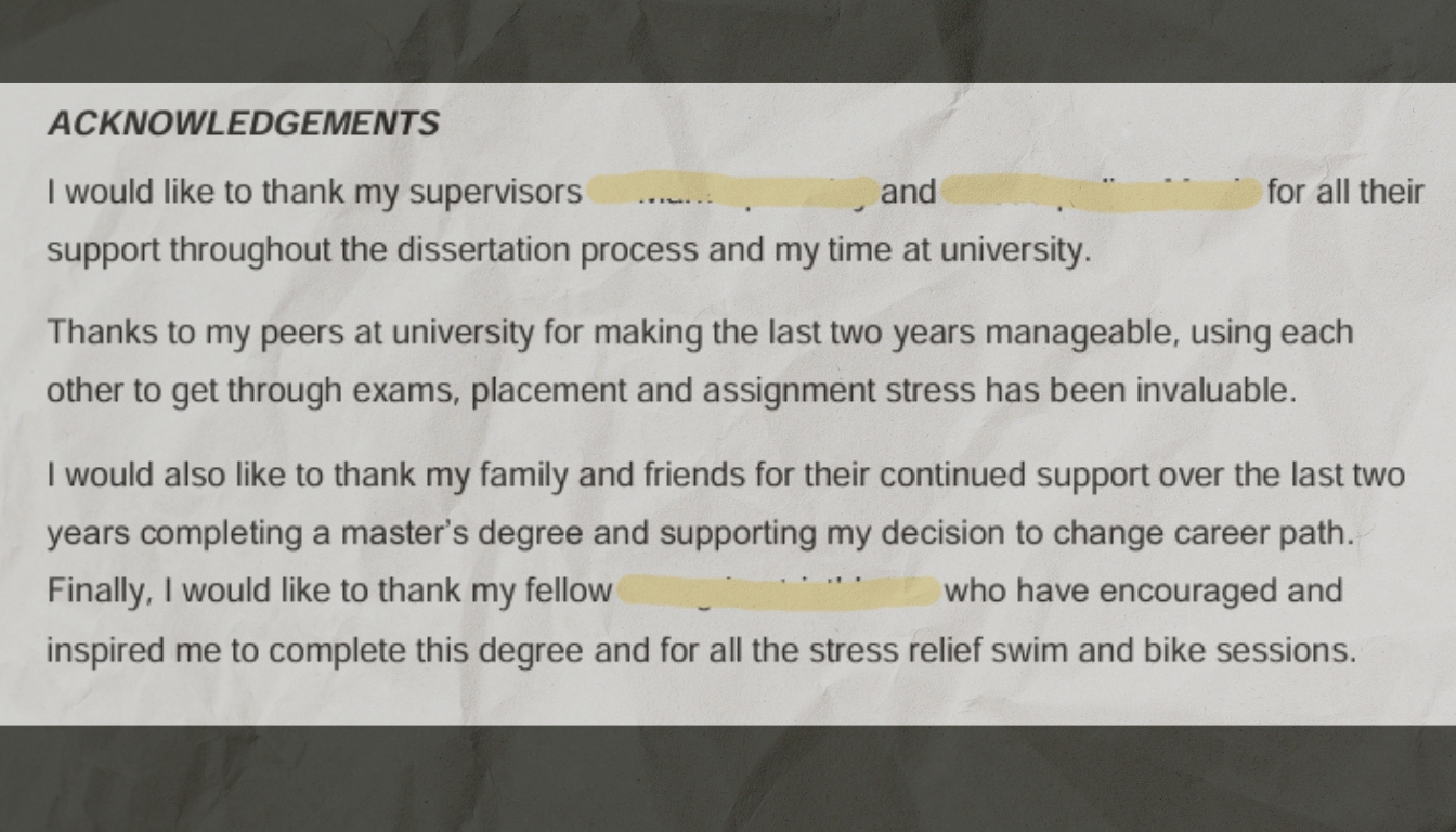 A real dissertation acknowledgements section thanking supervisors, peers, family, and a local sports club, with supervisor and club names redacted in yellow