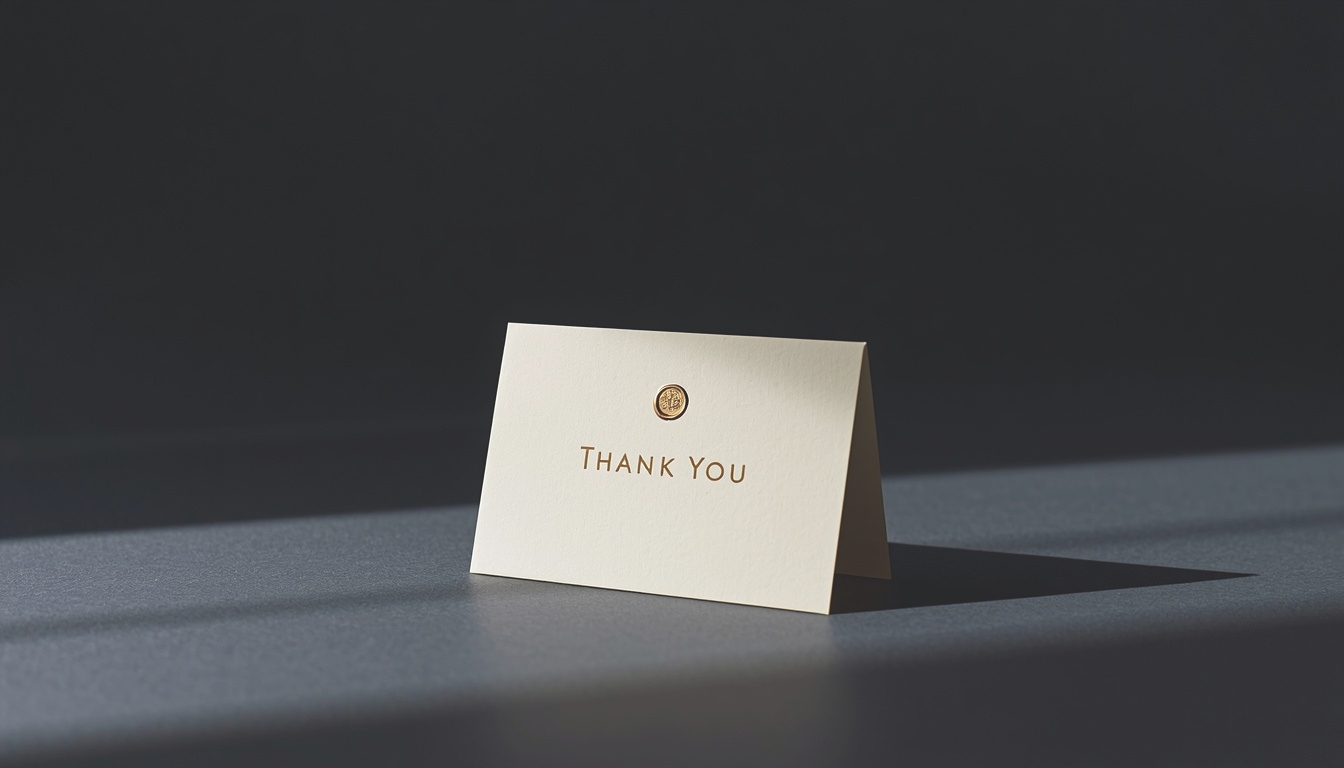A cream thank-you card with a small gold seal, standing on a dark surface