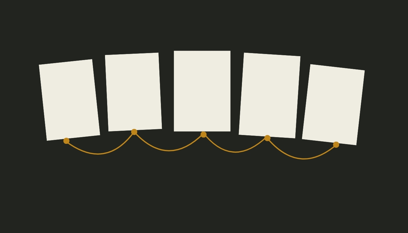 Five slightly overlapping blank pages connected by a single continuous curved line, representing chapters that should link into one argument