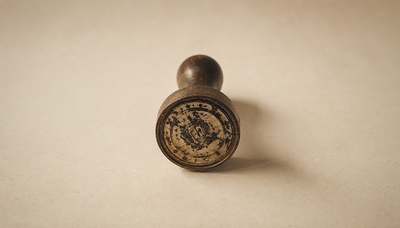 An antique official seal stamp resting on a desk, symbolizing formal approval