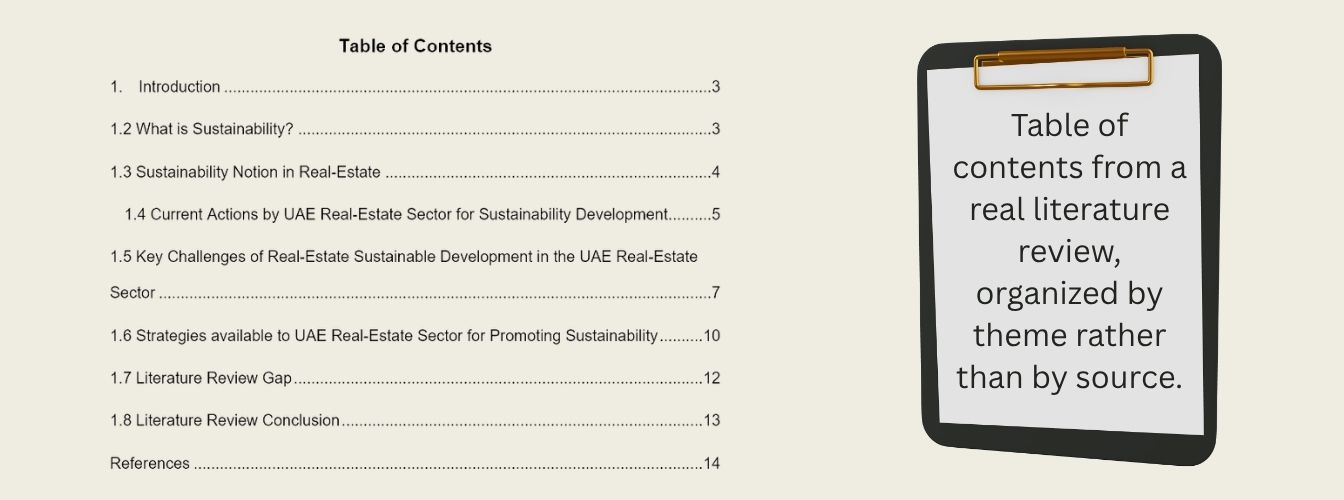 Table of contents from a real literature review, organized by theme rather than by source