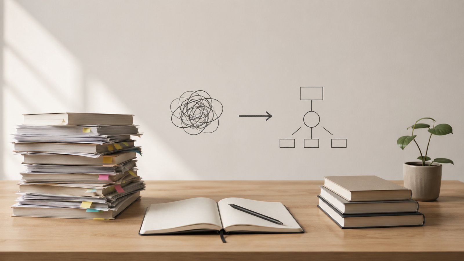 Stacks of books and academic papers on a desk