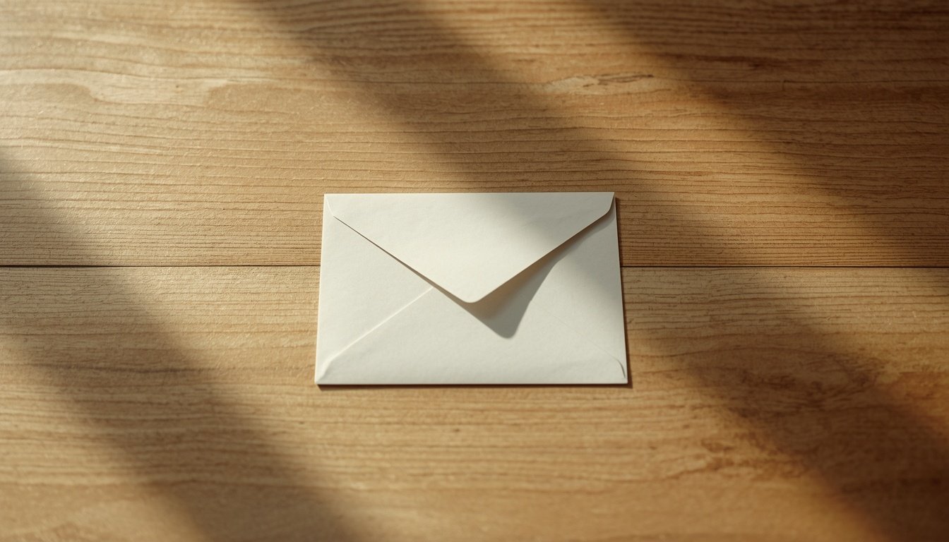 A single closed envelope resting alone on a wooden desk