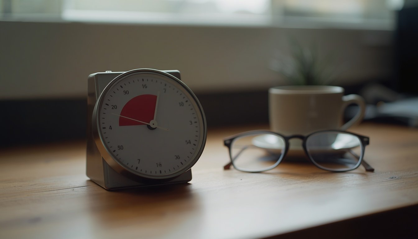 Clock and notebook on a desk