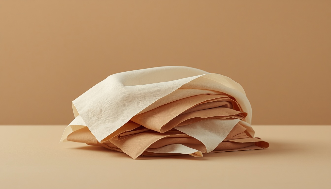 Several layers of cream and beige fabric loosely bundled together on a warm tan surface, suggesting multiple distinct pieces gathered as one form