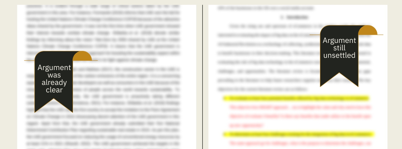 Two real dissertation drafts side by side, text blurred: one with a settled argument, one still being reworked with reviewer comments