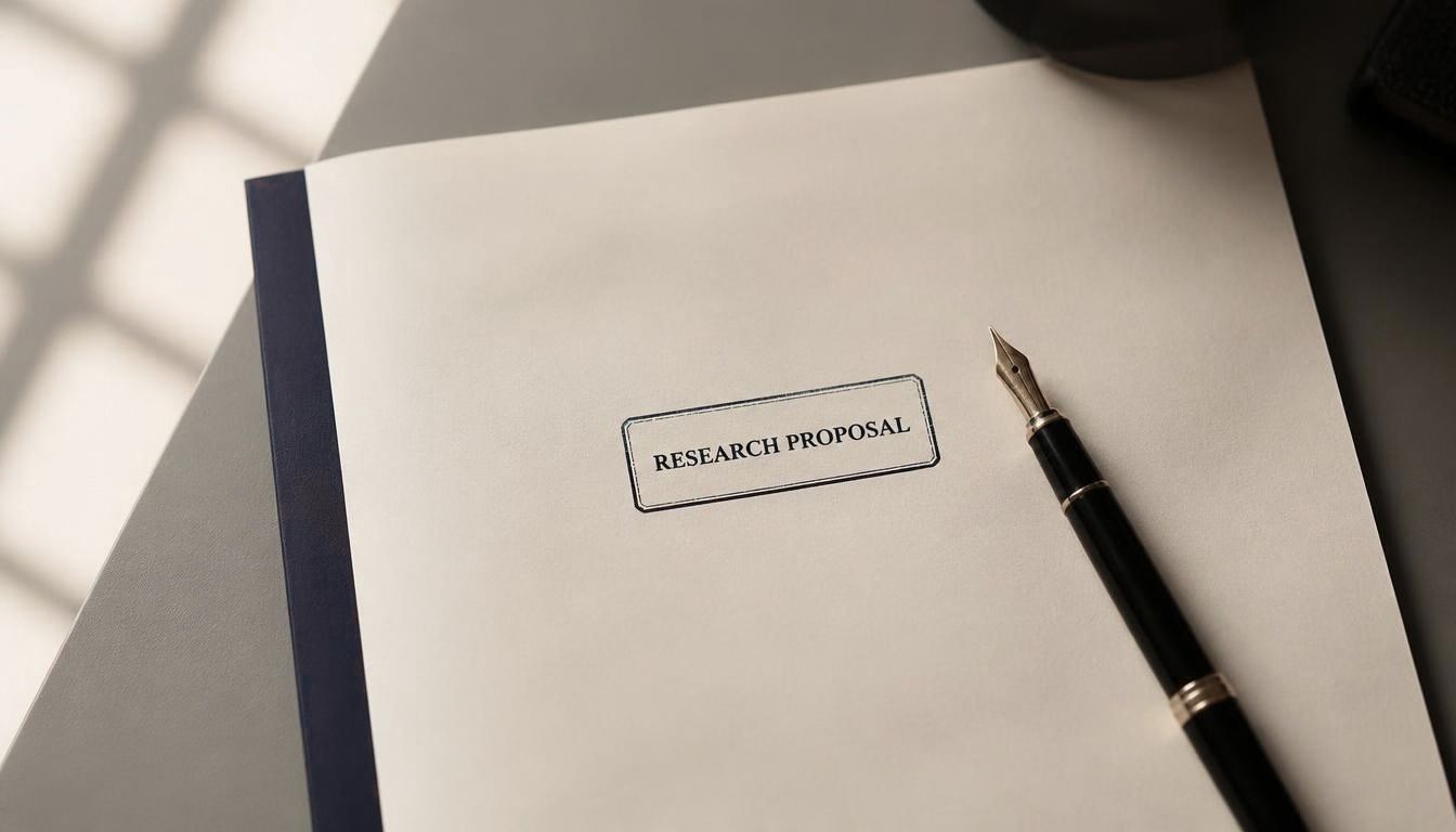 Editorial illustration of a research proposal document under review