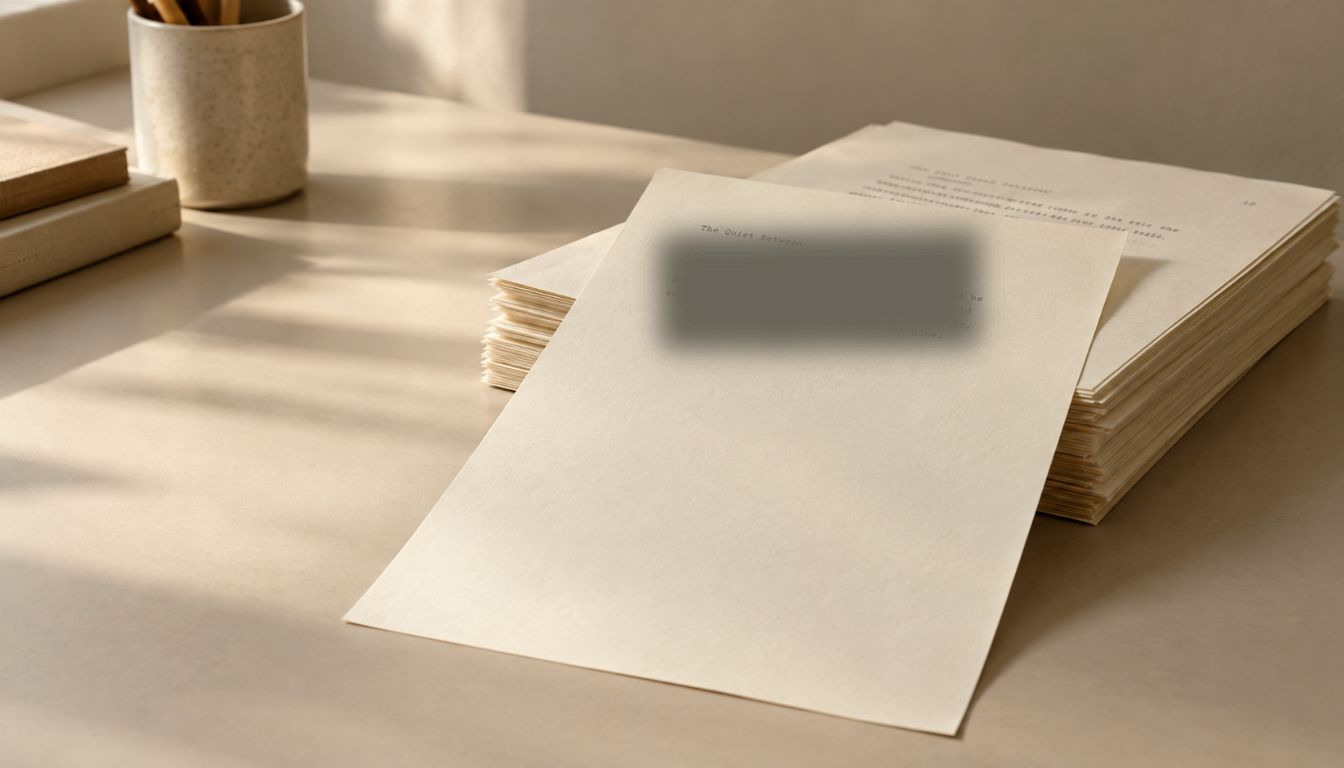 A stack of finished manuscript pages beside a single page still in progress on a desk