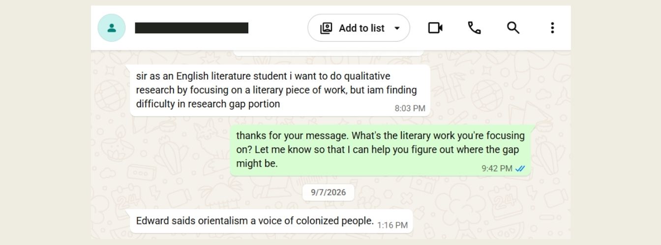 A WhatsApp conversation where an English literature student asks for help finding a research gap.